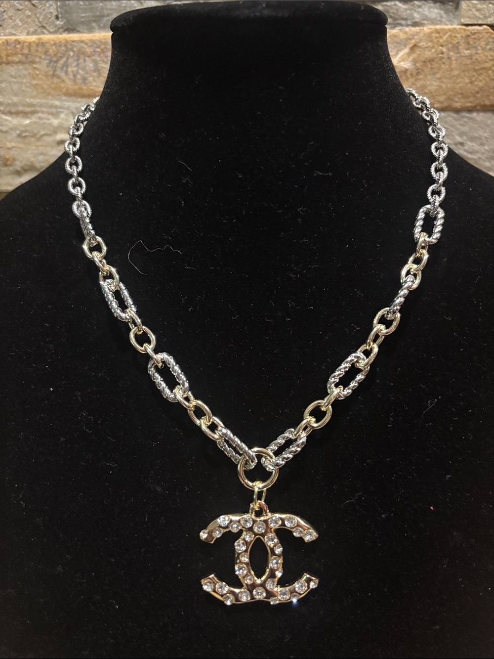 Modern Gold & Silver Crystal CC Pendant Necklace